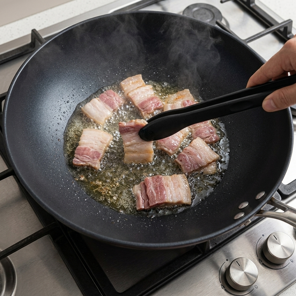 Baconstücke braten in einem heißen Wok mit sichtbarem Fett.