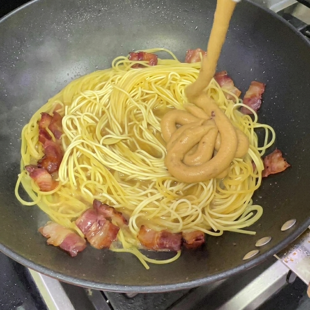 Dickflüssige Käse-Sahne-Sauce wird über die Spaghetti im Wok gegossen.