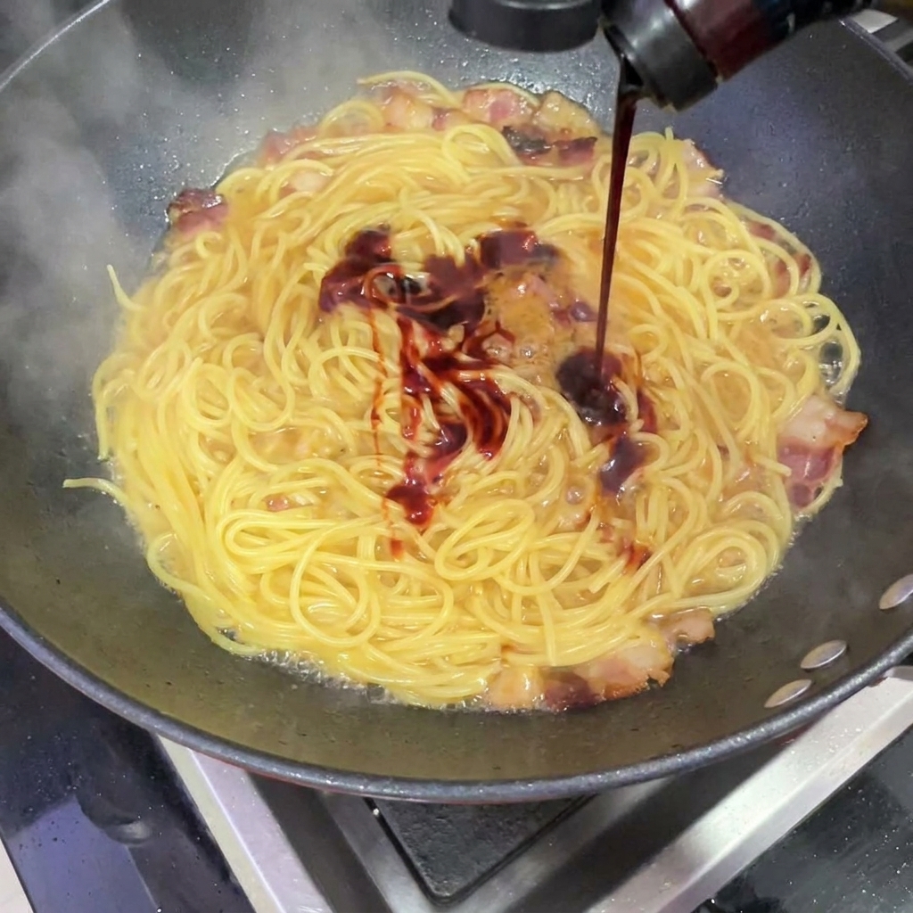 Dunkelrote, scharfe Buldak-Sauce wird auf die Spaghetti und den Bacon im Wok gegossen.