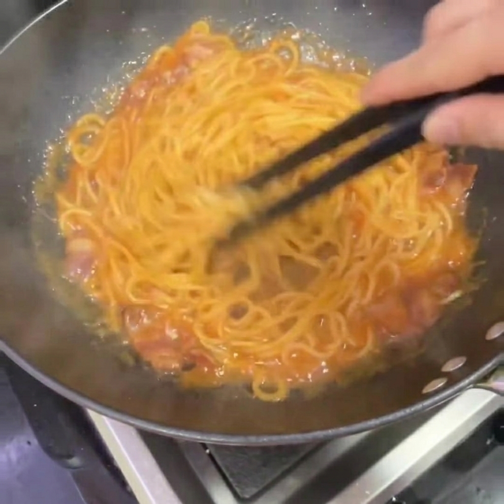 Spaghetti werden mit Stäbchen im Wok geschwenkt, um sie mit der cremigen, scharfen Sauce zu überziehen.