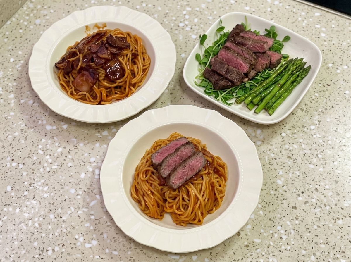 Zarte, gebratene Steakstreifen auf einer Portion scharfer Spaghetti.