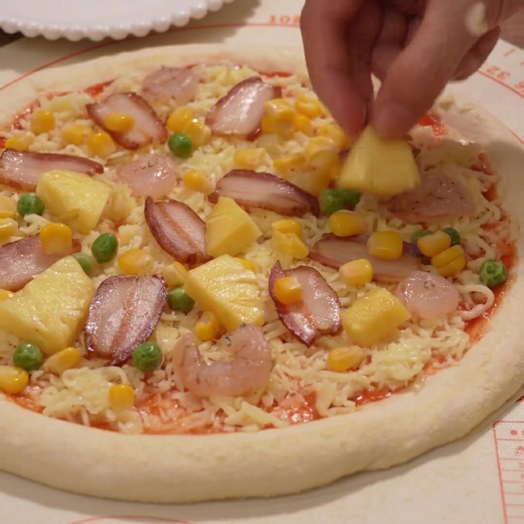 Ananas, Mais und Erbsen werden auf der Pizza verteilt.