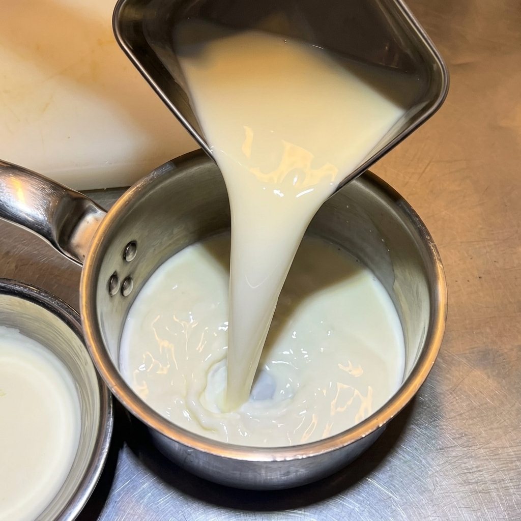 Milch wird aus einem kleinen Behälter in einen Edelstahltopf gegossen.