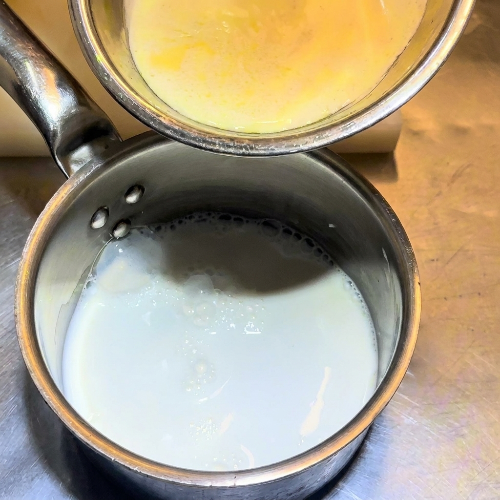 Sahne wird in einen mit Milch gefüllten Topf gegossen.
