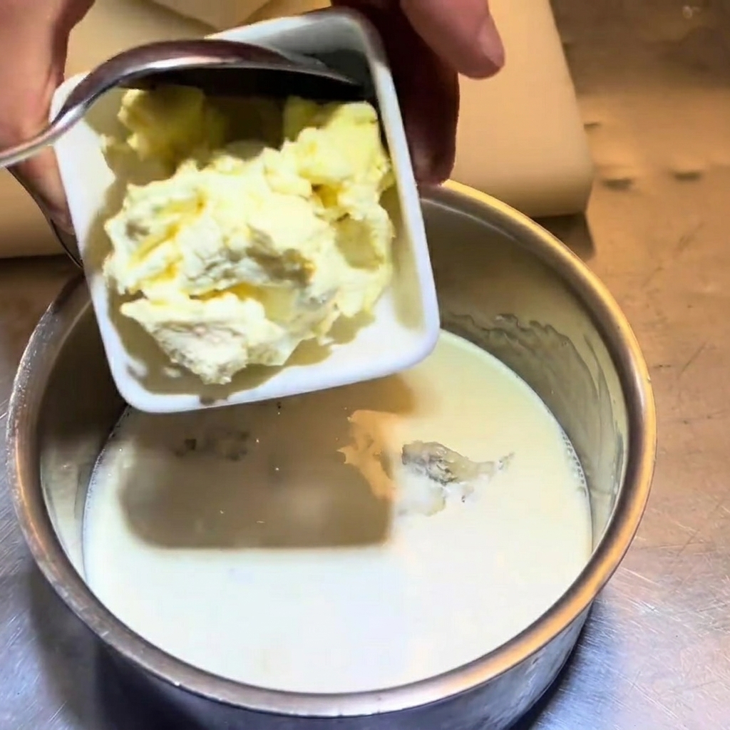 Frischkäse wird mit einem Löffel in den Topf geschoben.