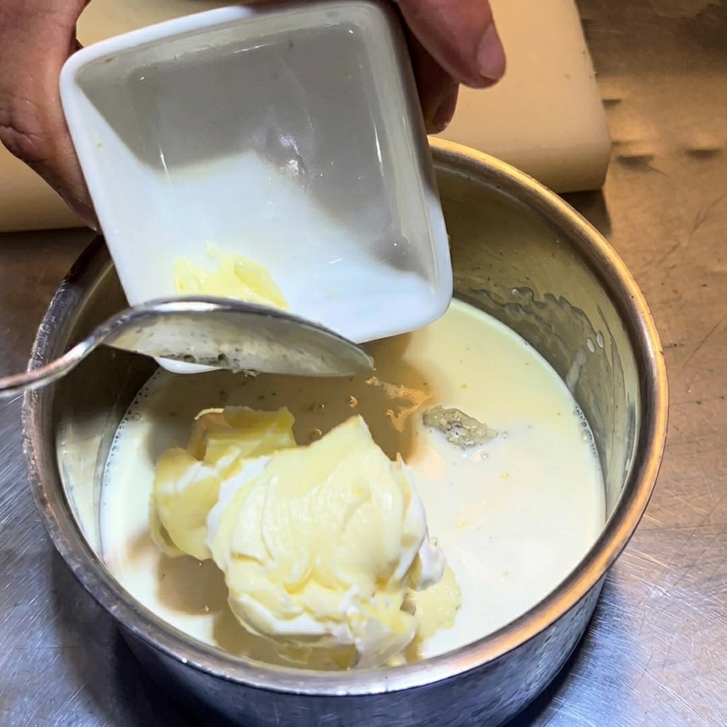 Stücke von weichem Brie werden in einen Topf mit Milch, Sahne, Blauschimmelkäse und Frischkäse gegeben.