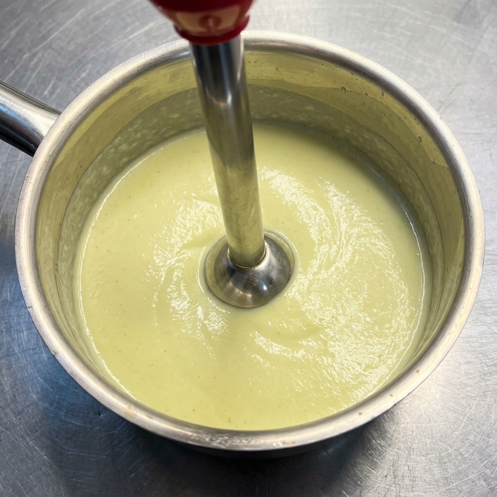 Ein Stabmixer wird verwendet, um die Käsesauce direkt im Topf glatt zu rühren.