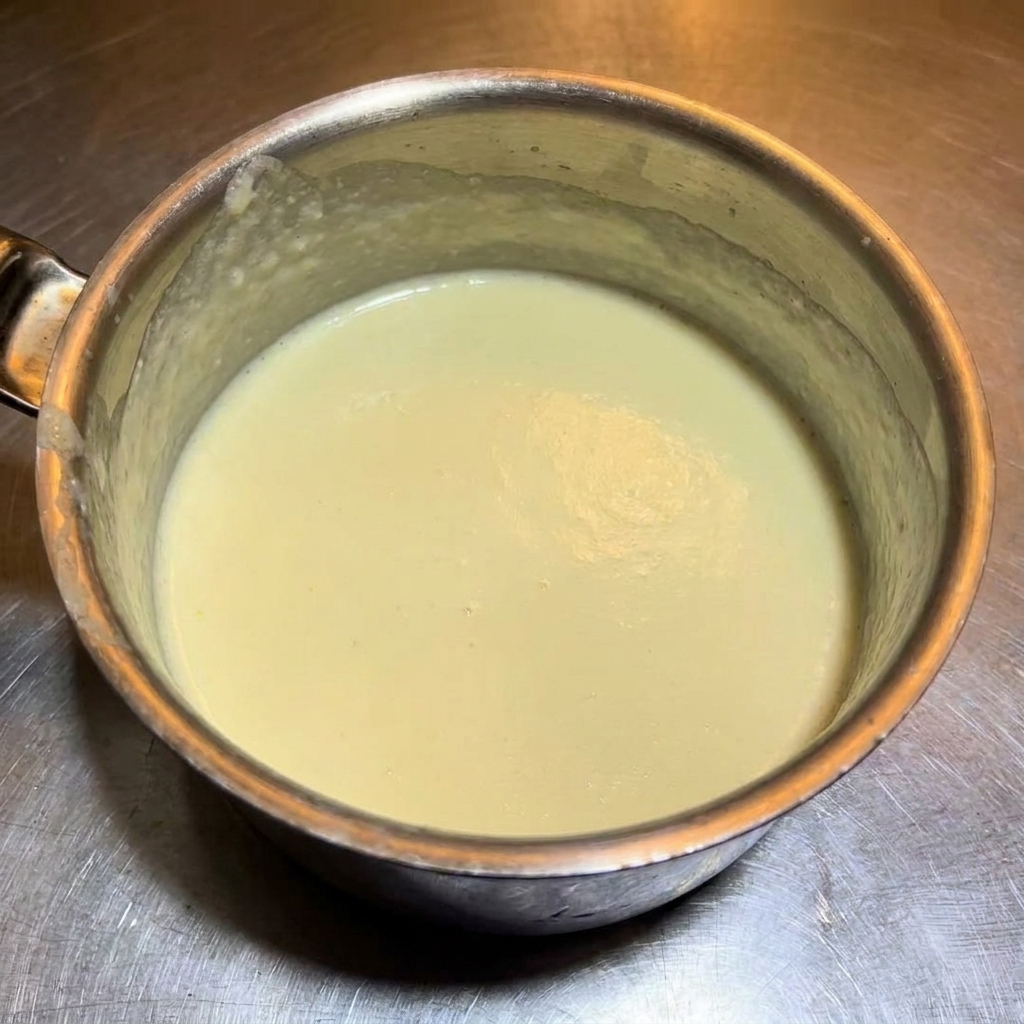 Geriebener Parmesan wird in die warme, glatte Käsesauce gegeben.