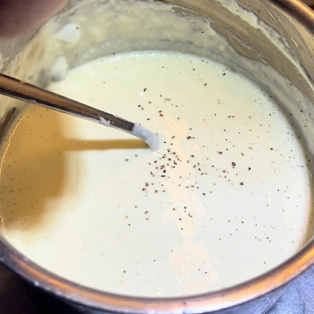Frisch gemahlener schwarzer Pfeffer wird über die Oberfläche der cremigen weißen Pizzasauce gestreut.