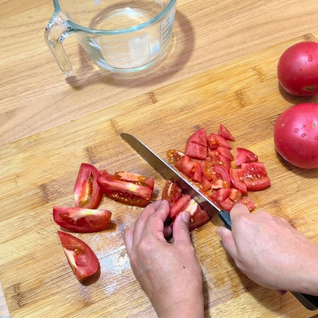 Hände würfeln eine frische rote Tomate vorsichtig auf einem Holzbrett.