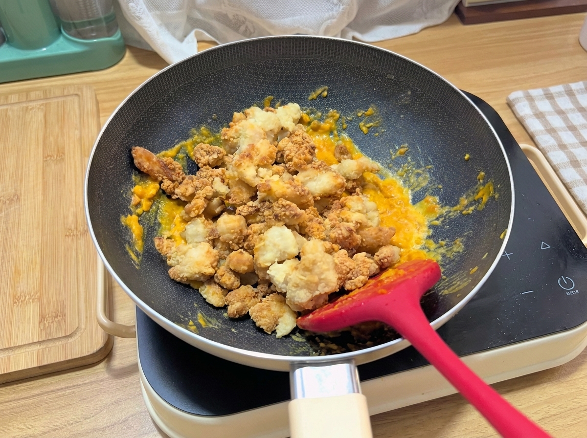 Popcorn-Hähnchen wird in der Pfanne mit der gelben Salted Egg Yolk-Mischung überzogen.