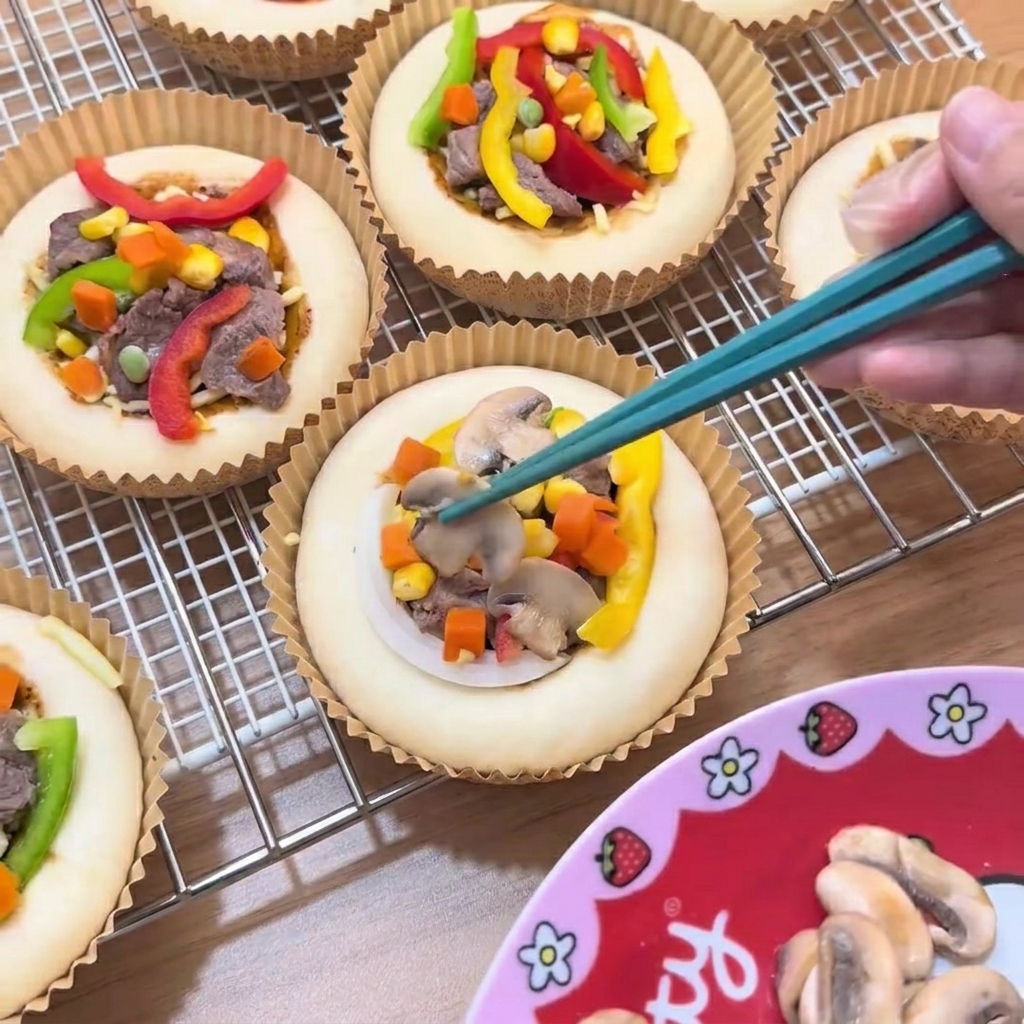 Mit Stäbchen werden geschnittene Champignons auf die mit Rindfleisch, Paprika, Mais und Erbsen belegte Mini-Pizza gelegt.