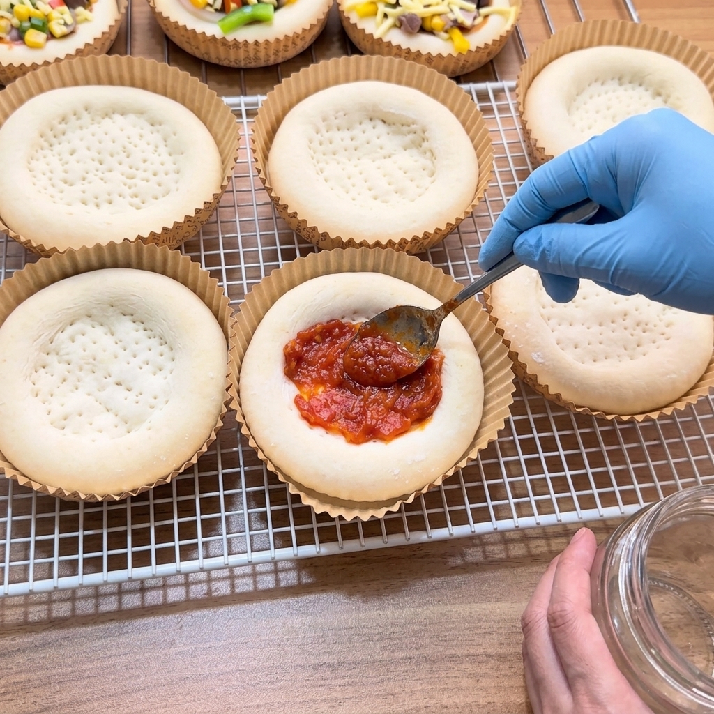 Ein Löffel verstreicht dicke, rote Tomatensauce auf einem vorgebackenen Mini-Pizzaboden.