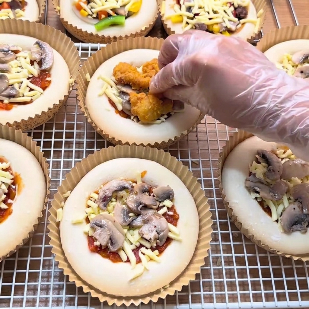 Goldgelbe Popcorn-Hähnchen-Stücke werden auf eine Mini-Pizza mit Käse und Champignons gelegt.