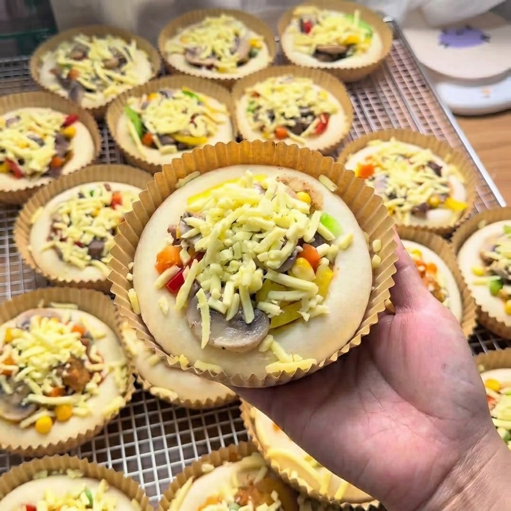 Eine fertig belegte Mini-Pizza in ihrer Schale, reichlich mit geriebenem Käse bestreut.