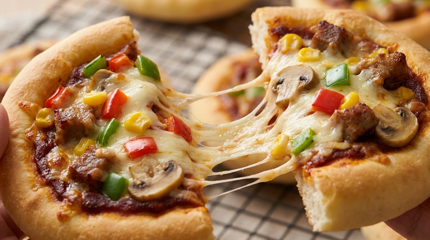 Nahaufnahme einer frisch gebackenen Mini-Pizza, bei der der geschmolzene Mozzarella beim Auseinanderziehen lange Fäden zieht.