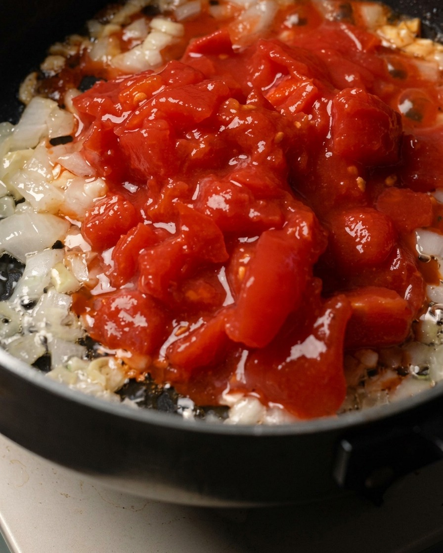 Gehackte Zwiebeln, Knoblauch und Tomaten werden in einer Pfanne geschmort.