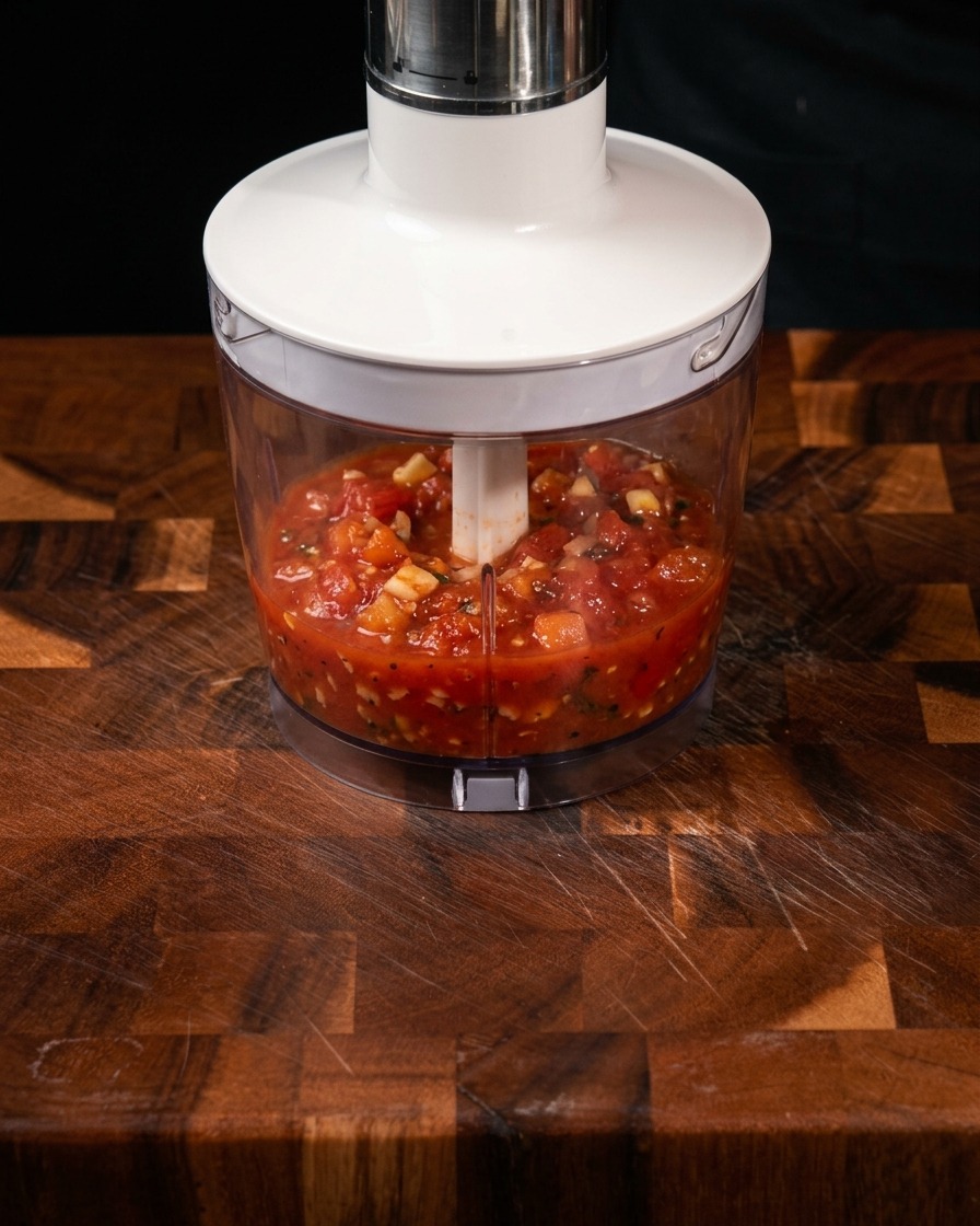 Feine rote Tomatensauce in einem Mixer.
