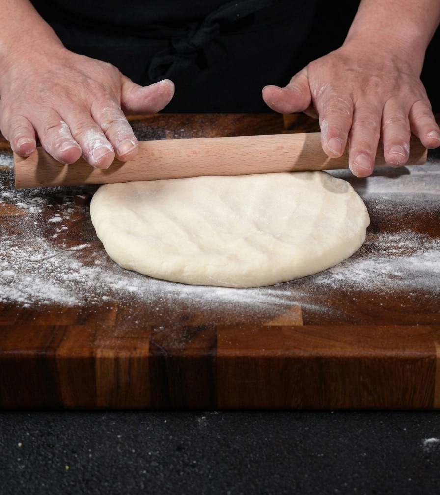 Ein Pizzateig wird auf einem Holzbrett mit einem Nudelholz rund ausgerollt.