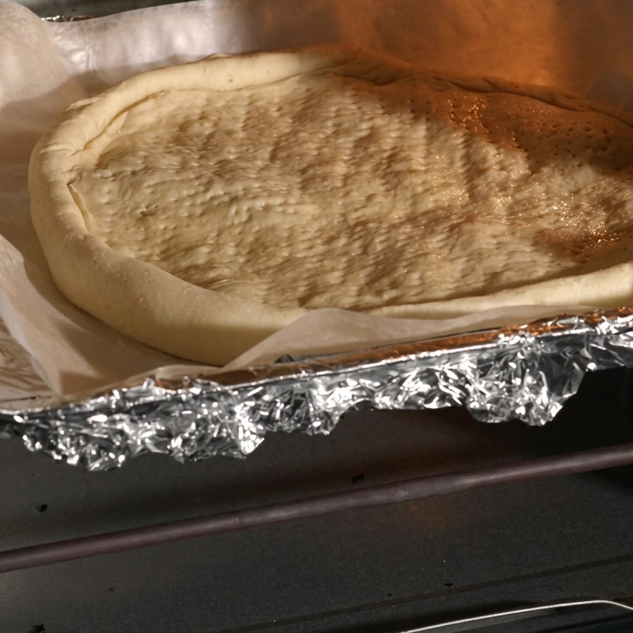 Vorgebackener Pizzateig, der bereit zum Belegen ist.