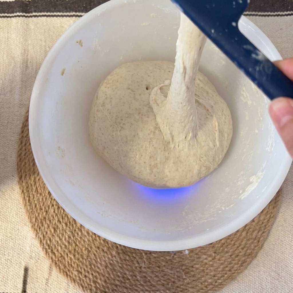Sauerteigstarter, Salz und Wasser werden in eine weiße Rührschüssel gegeben, die den Teig enthält.