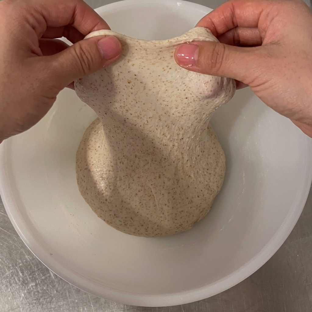Hände ziehen einen Teil des rohen Teigs hoch, um das starke und elastische Glutengerüst zu präsentieren.