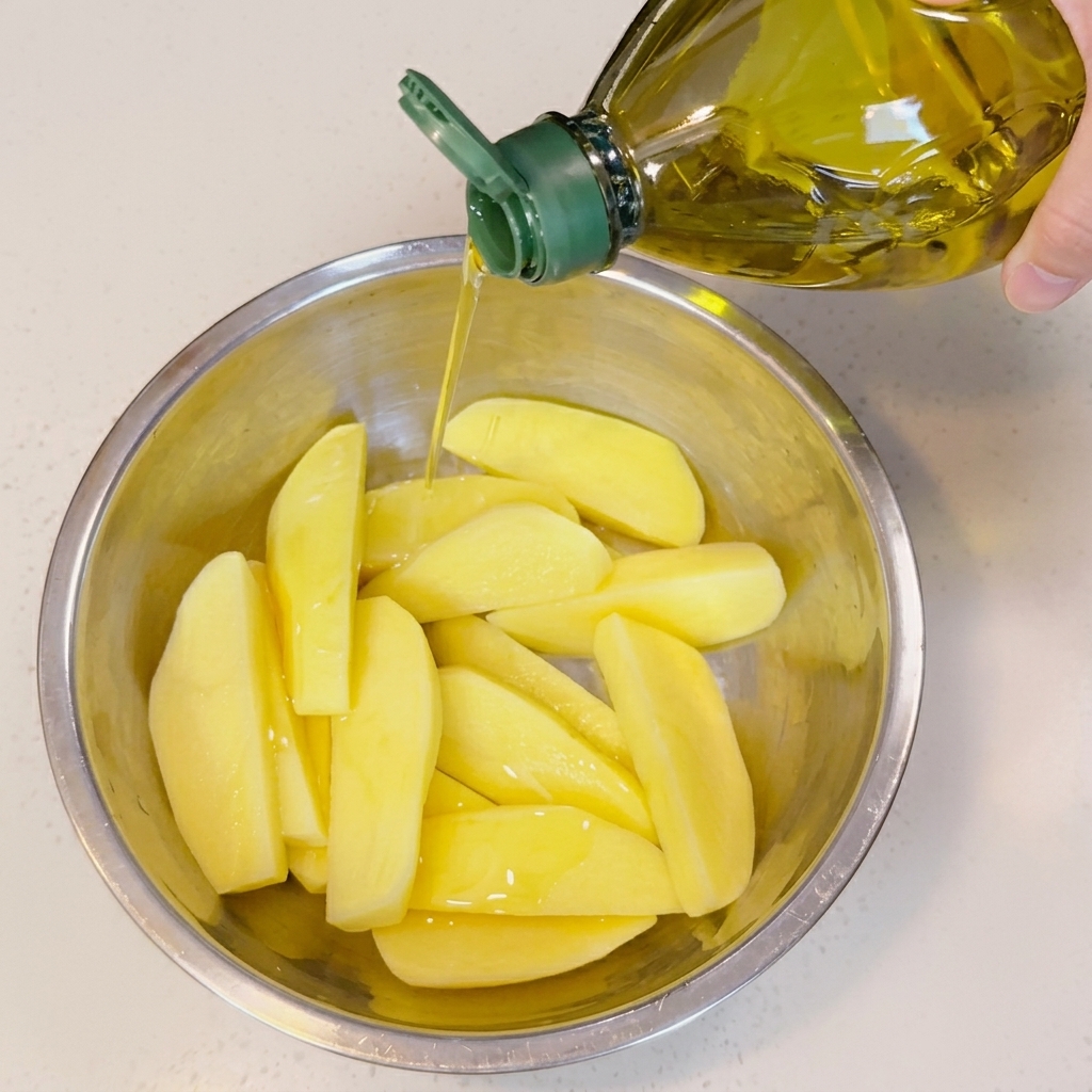Olivenöl wird in einer Schüssel über Kartoffelspalten gegossen.