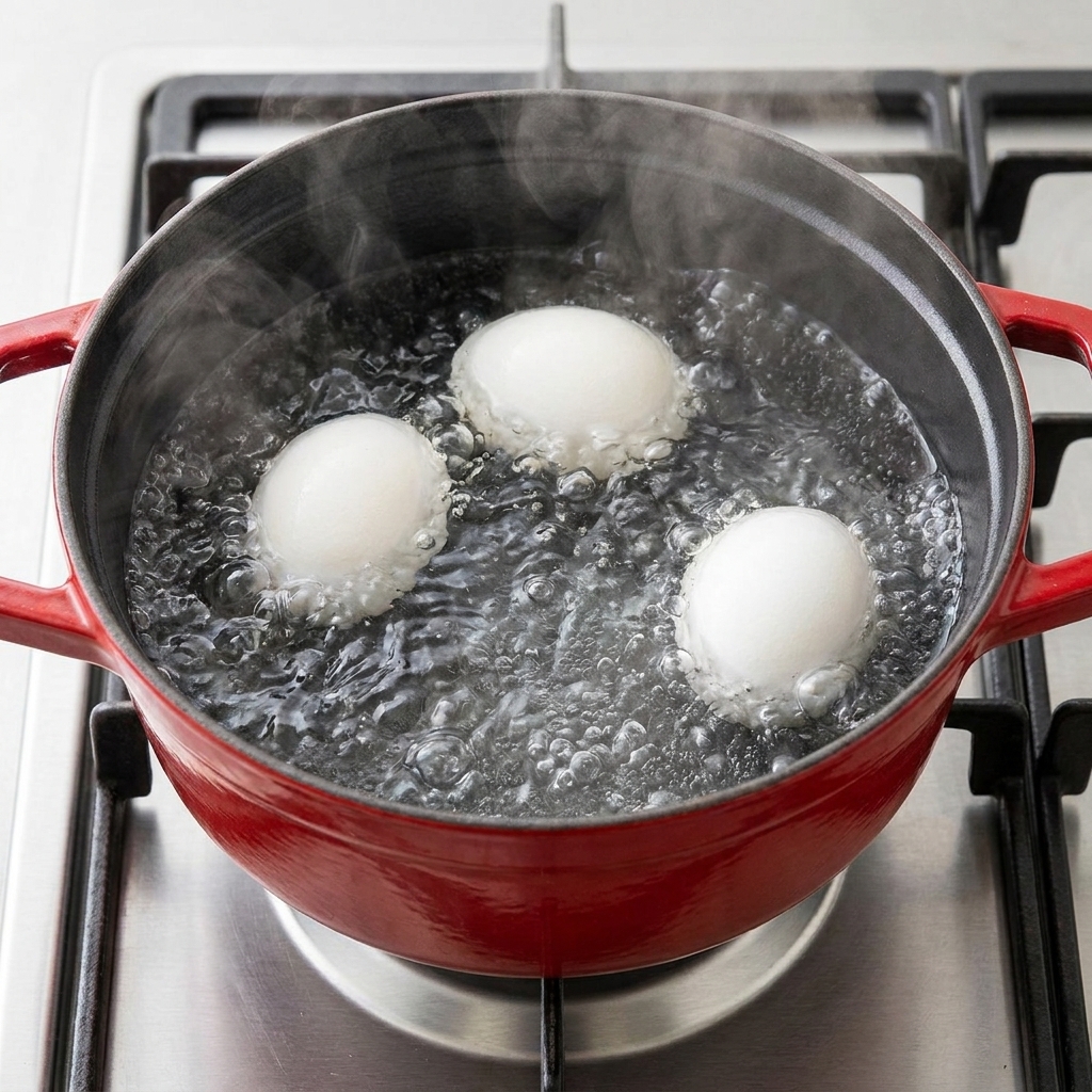 Drei Eier kochen in einem roten Topf auf dem Herd.