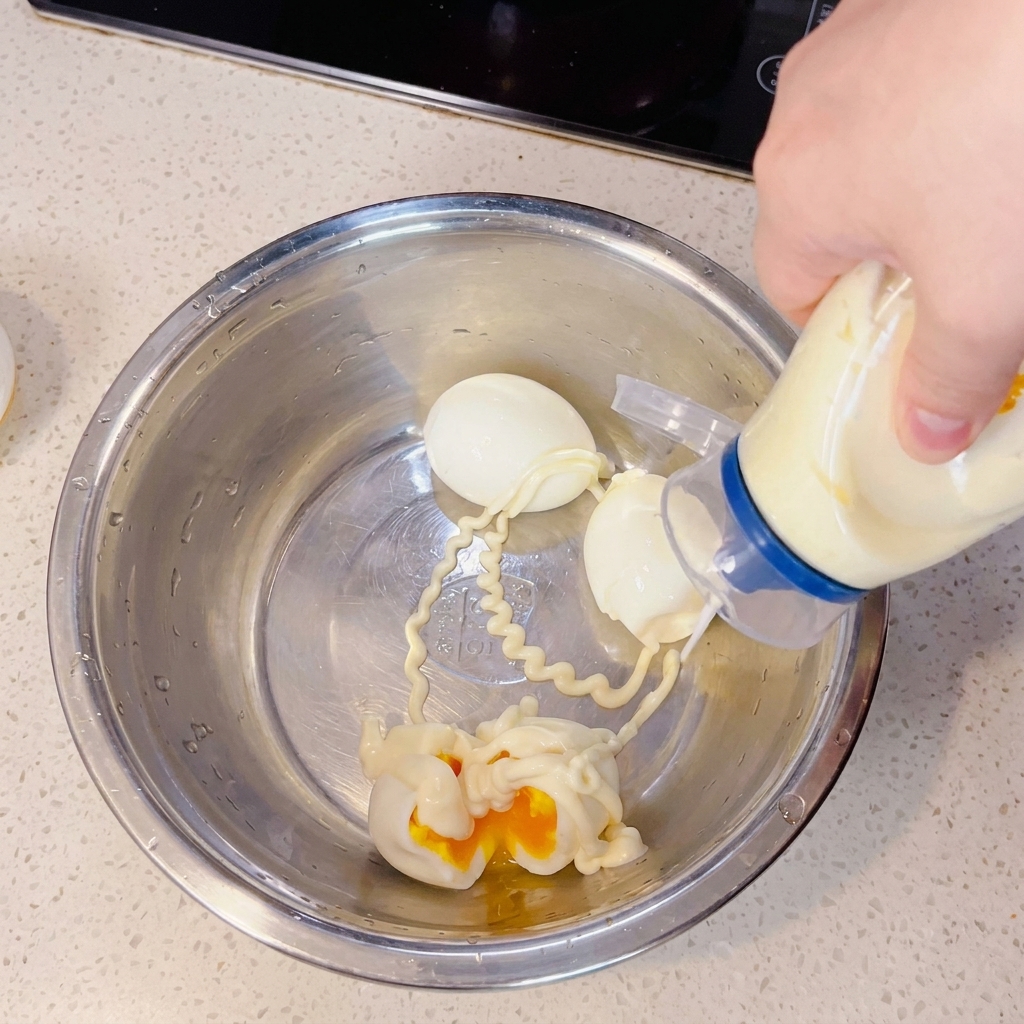 Eine Nahaufnahme von gekochten Eiern, die in einer Edelstahlschüssel mit Mayonnaise zerdrückt werden.