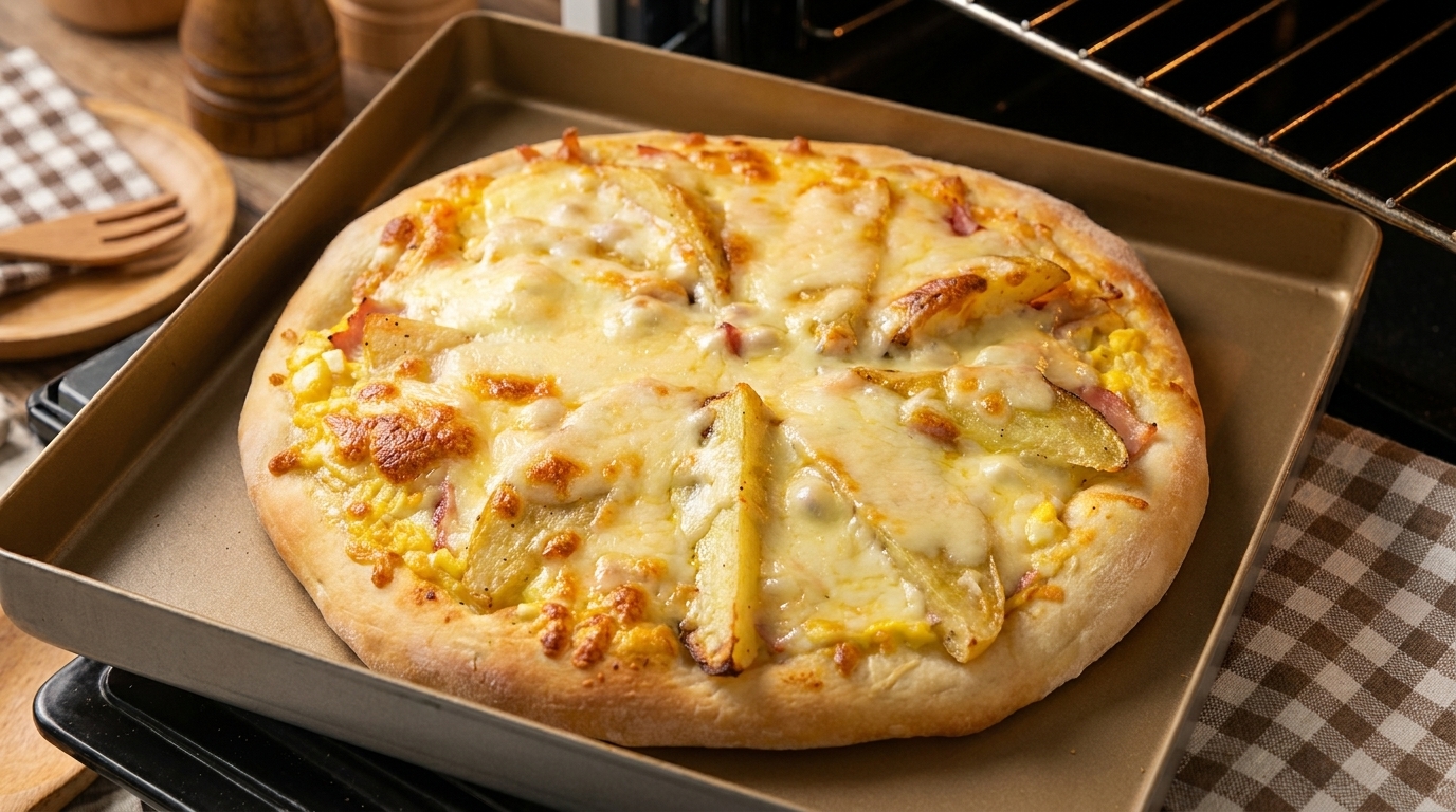 Eine frisch gebackene Kartoffelspalten-Pizza mit geschmolzenem Käse, herzhaftem Schinken und einer Basis aus cremigem Eiersalat.