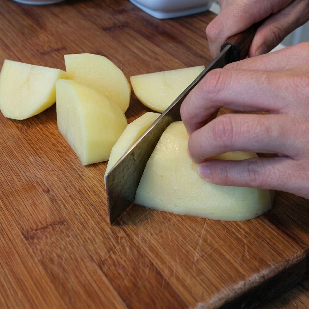 Eine Hand schneidet rohe, geschälte Kartoffeln auf einem Holzschneidebrett in Stücke.