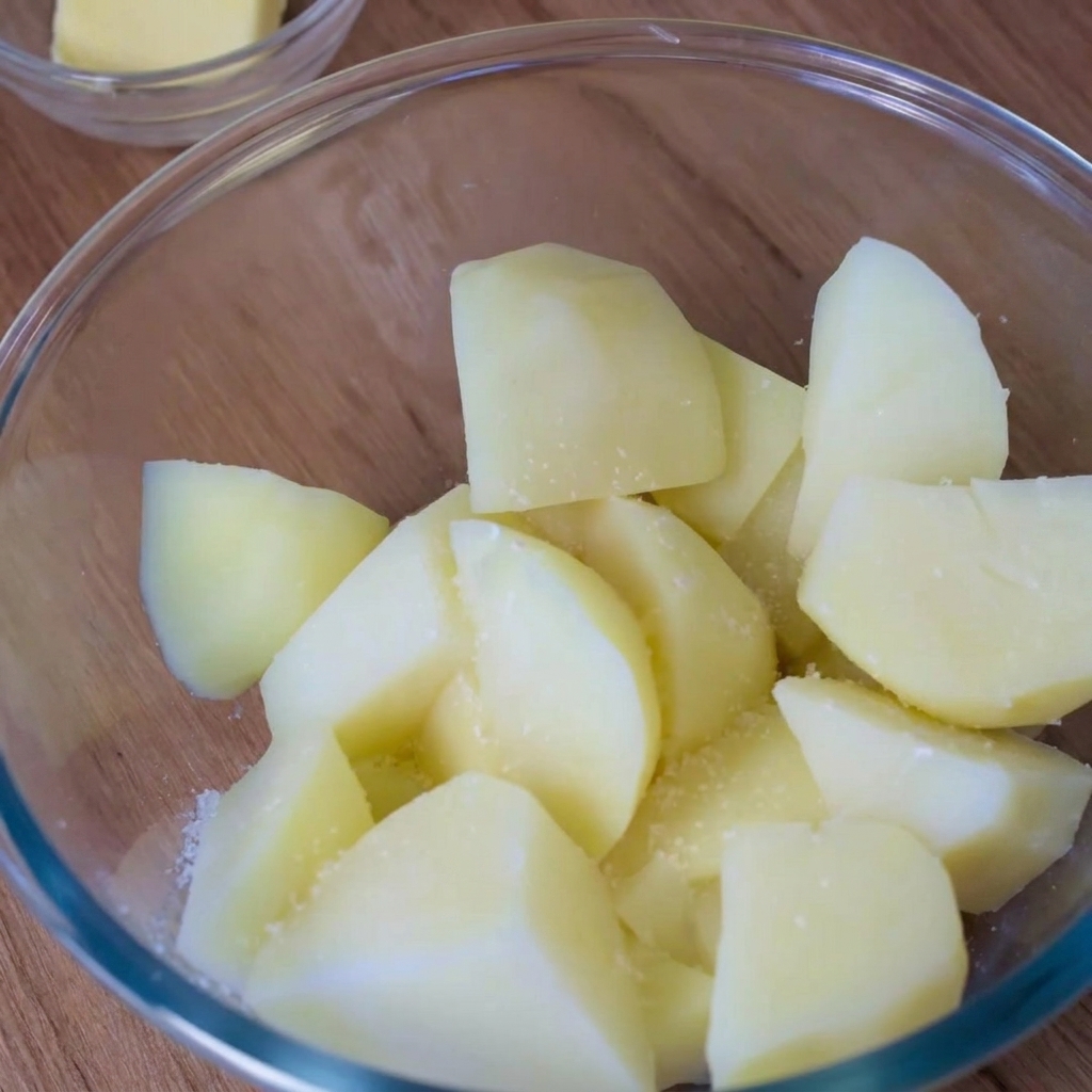 Gekochte Kartoffelstücke in einer Glasschüssel werden leicht mit Gewürzpulver bestäubt.