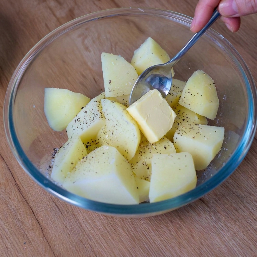 Ein Löffel legt ein Stück Butter auf die gewürzten Kartoffeln in einer Glasschüssel.