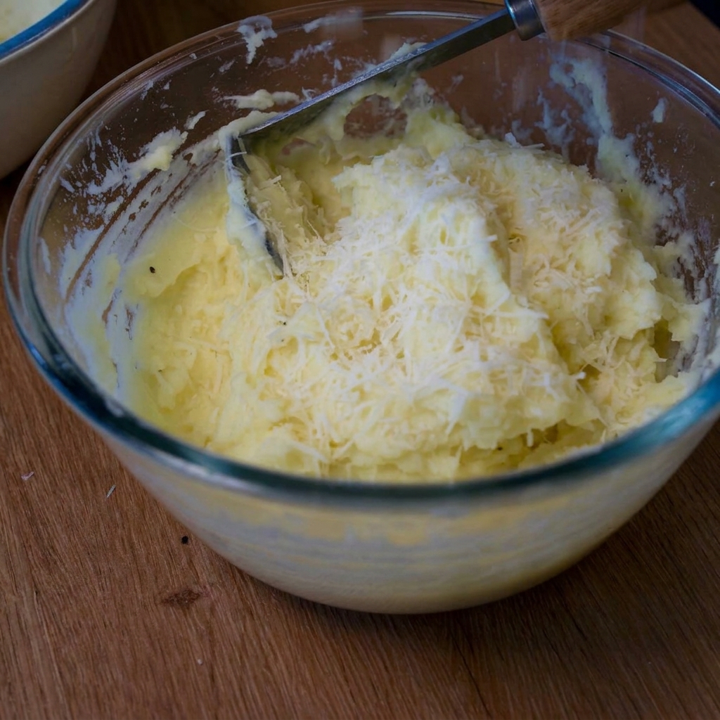 Frisch geriebener Parmesan wird großzügig über den Kartoffelbrei gestreut.