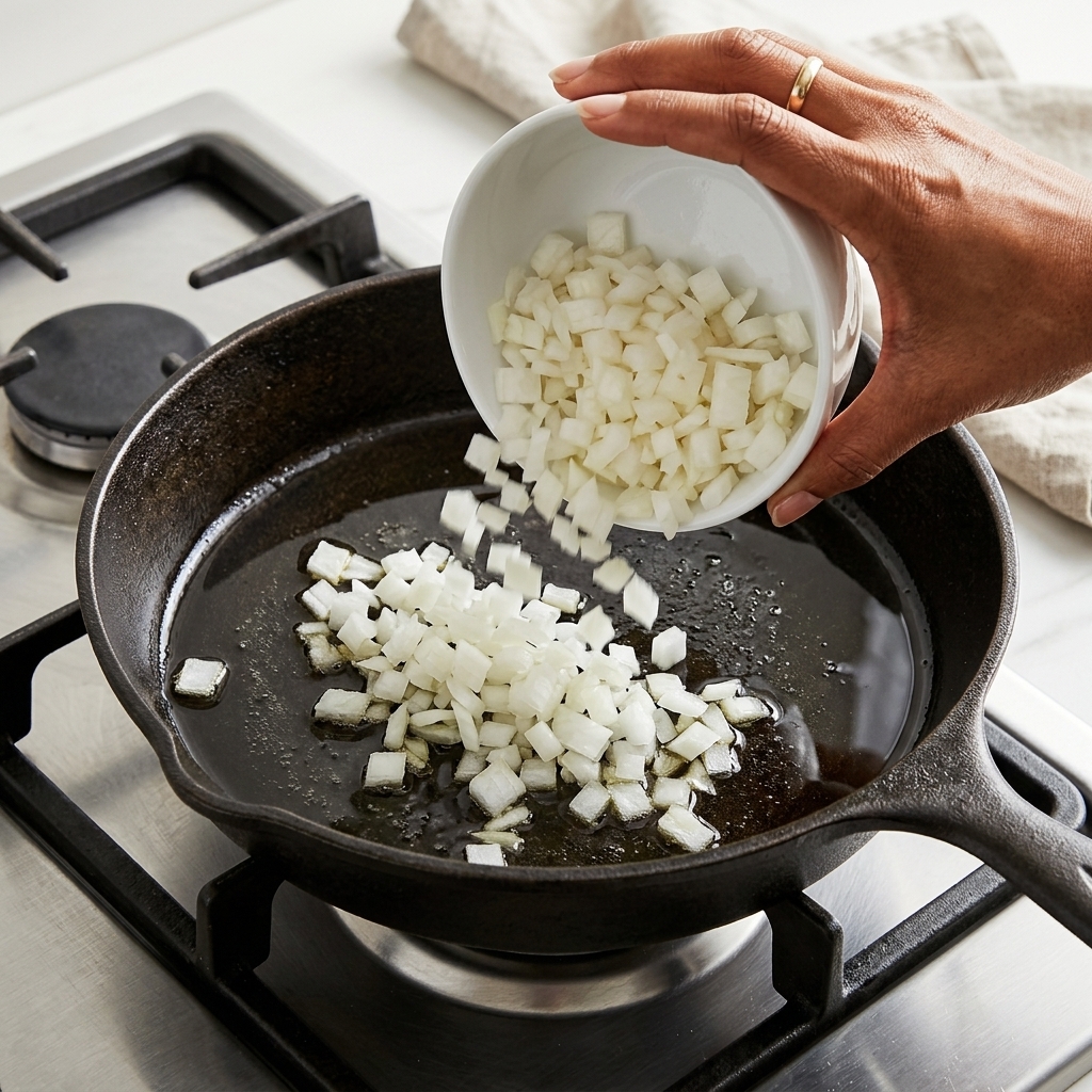 Zwiebelwürfel werden aus einer weißen Schüssel in eine heiße gusseiserne Pfanne mit Olivenöl gegeben.