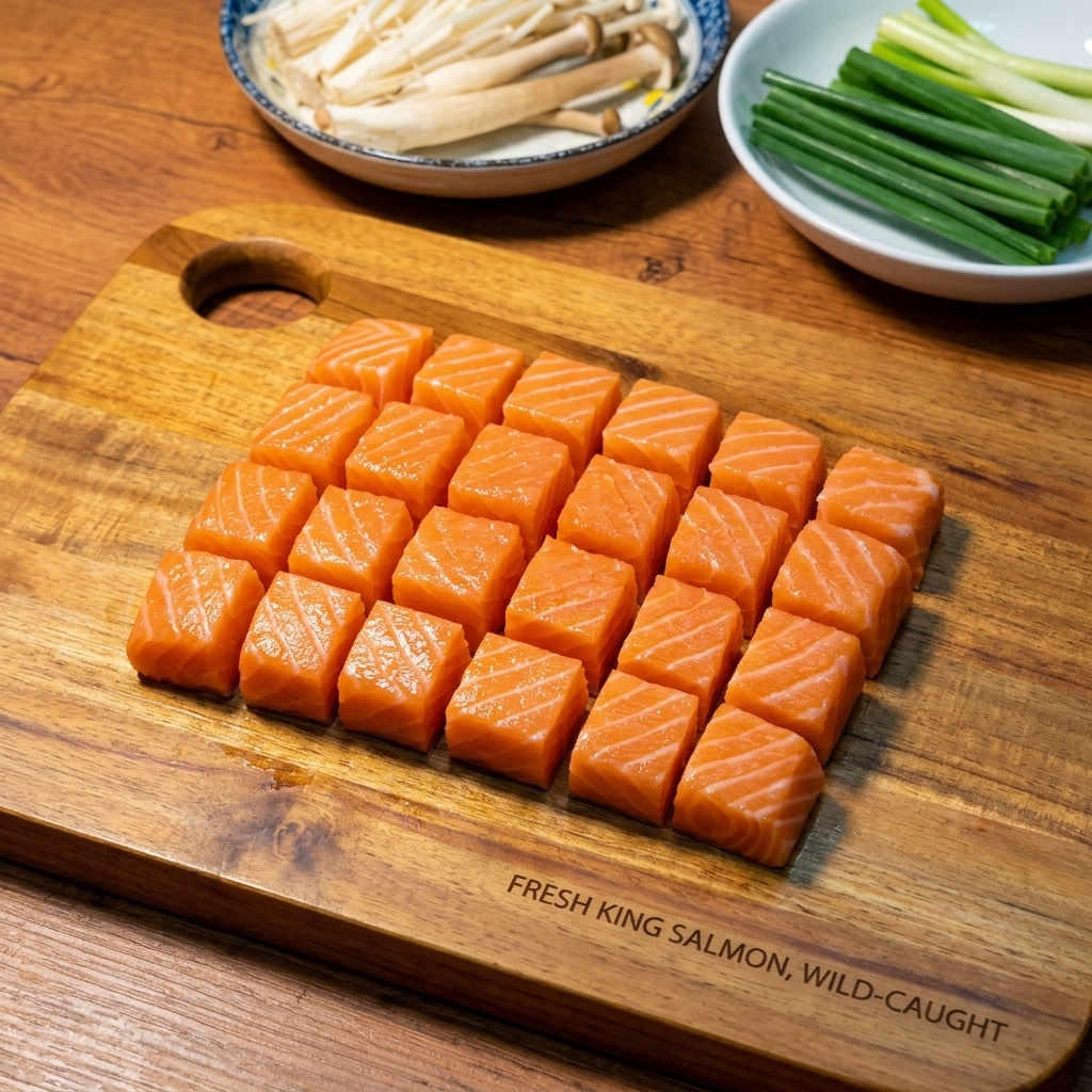 Frisches, leuchtend orangefarbenes Lachsfilet, das in gleichmäßige Würfel auf einem Holzschneidebrett geschnitten wurde.