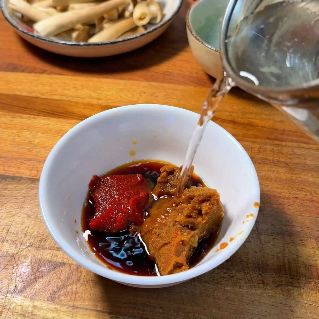 Wasser wird in eine weiße Schüssel gegossen, in der sich bereits koreanische Chilipaste, Miso und dunkle Sojasauce befinden.