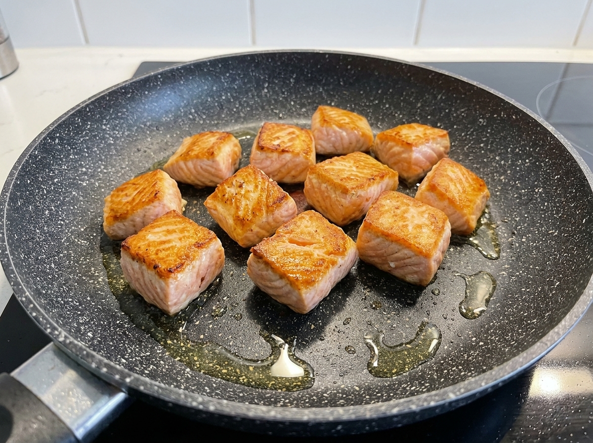 Lachswürfel braten in einer heißen Pfanne mit Öl und entwickeln eine goldbraune Kruste.