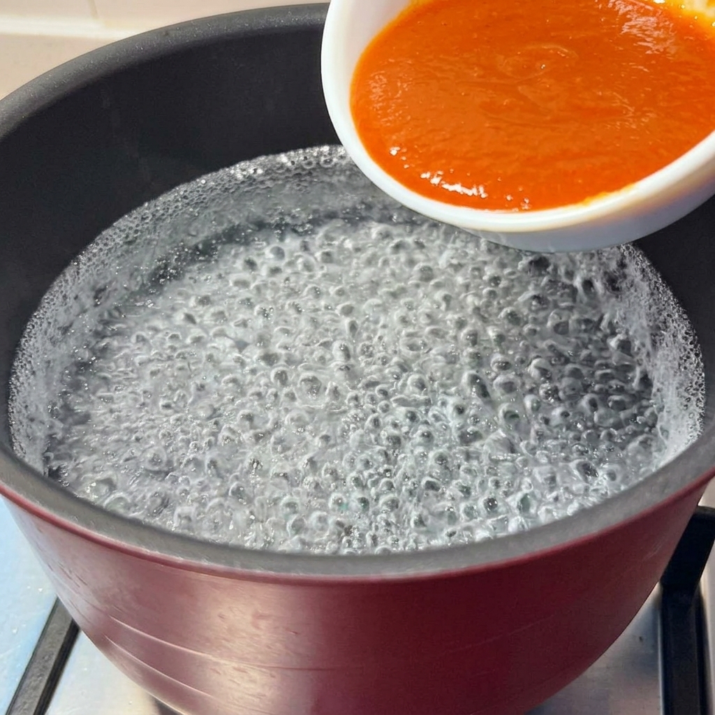 Die orangefarbene Miso-Saucenmischung wird aus einer kleinen Schüssel in einen Topf mit kochendem Wasser gegossen.