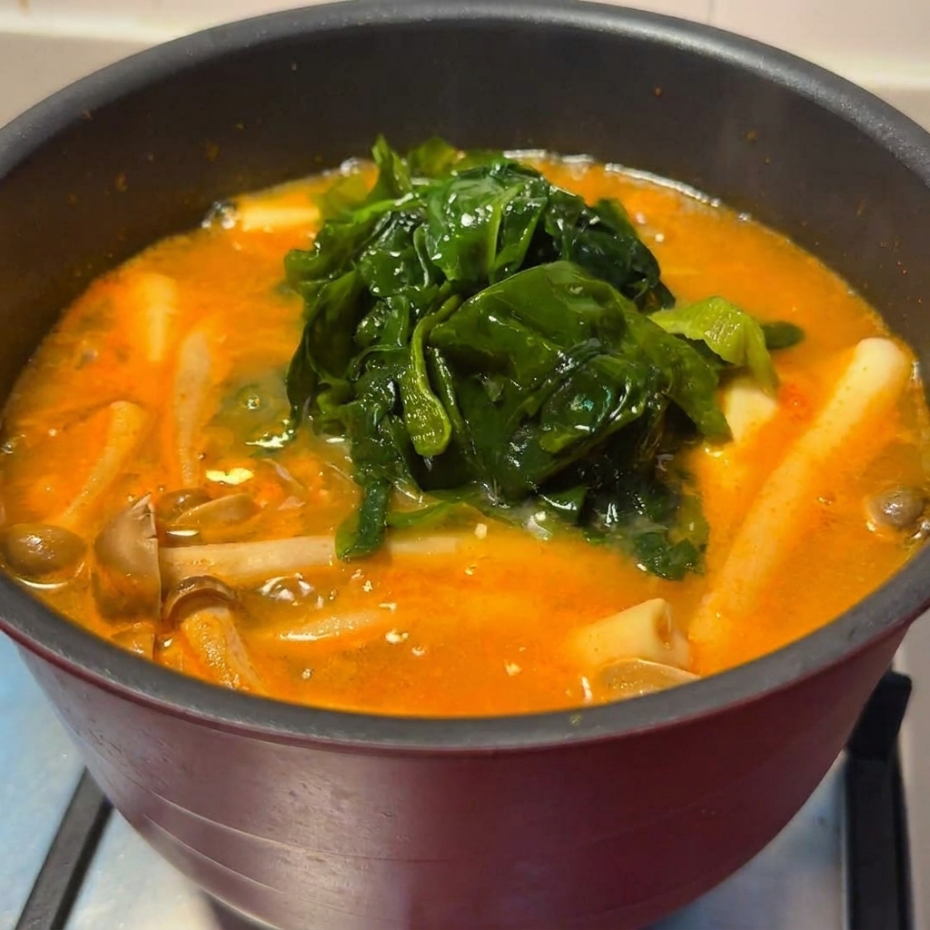 Shimeji-Pilze und weiche Wakame-Algen köcheln in einer würzigen, orangefarbenen Miso-Brühe.