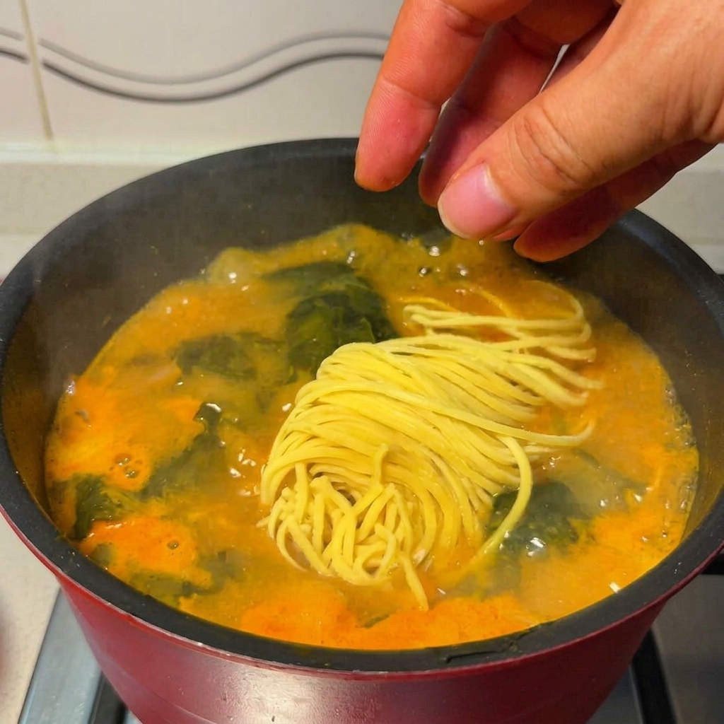 Frische gelbe Ramen-Nudeln werden in den kochenden Suppentopf gegeben.