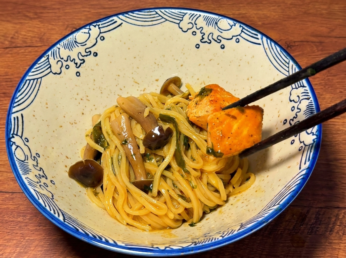 Essstäbchen platzieren gekochten Lachs und Nudeln in einer gemusterten japanischen Schale.
