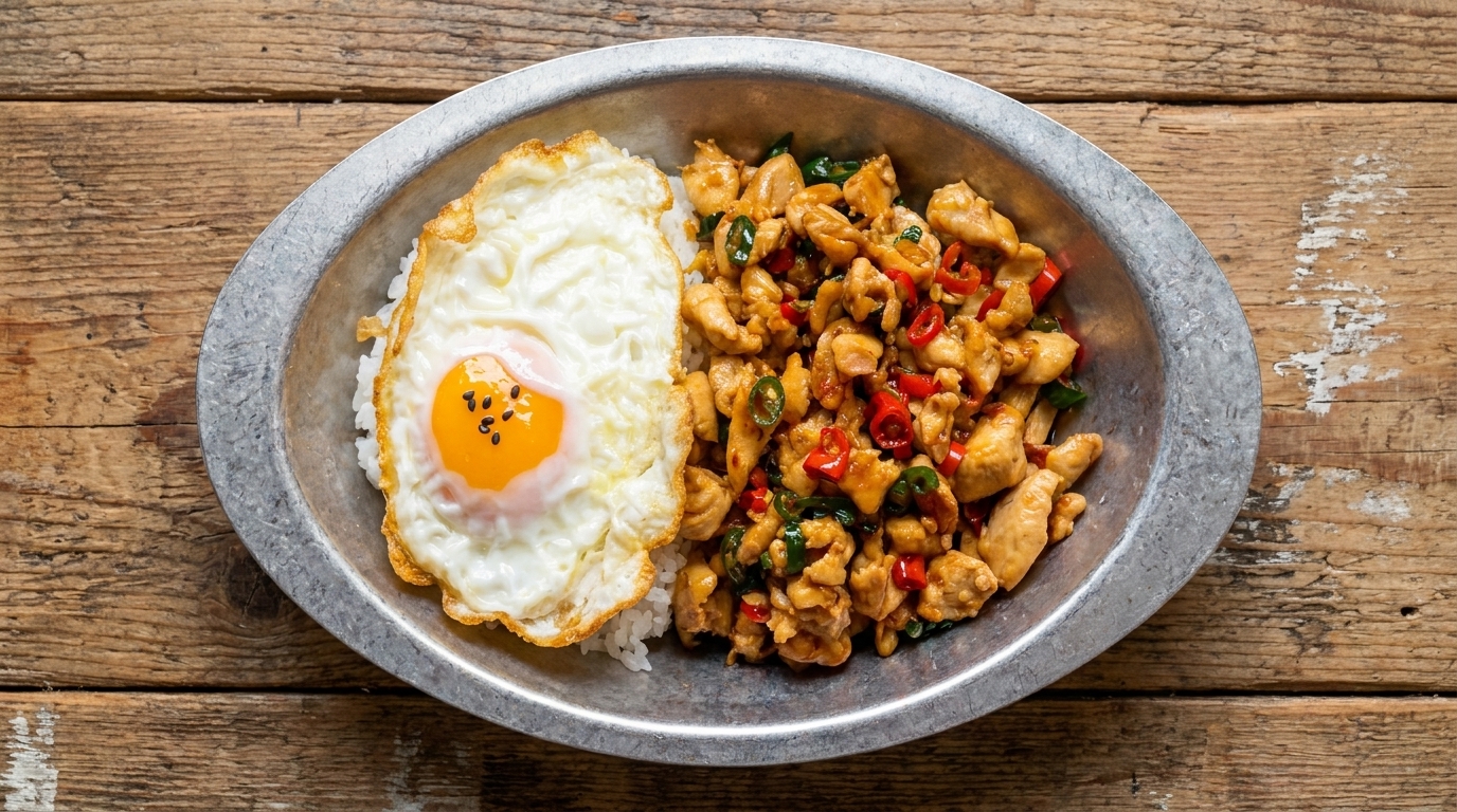 Eine Metallkelle gießt heiße, leuchtend orangefarbene Miso-Brühe über die Ramen-Zutaten in der Servierschale.