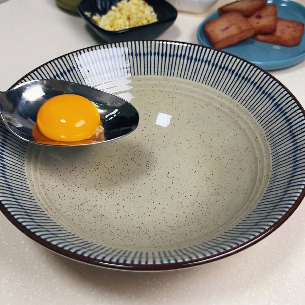 Eine Schüssel mit Eigelb, Knoblauch, Frühlingszwiebeln, Mayonnaise und Gewürzpulver, bereit zum Vermischen.