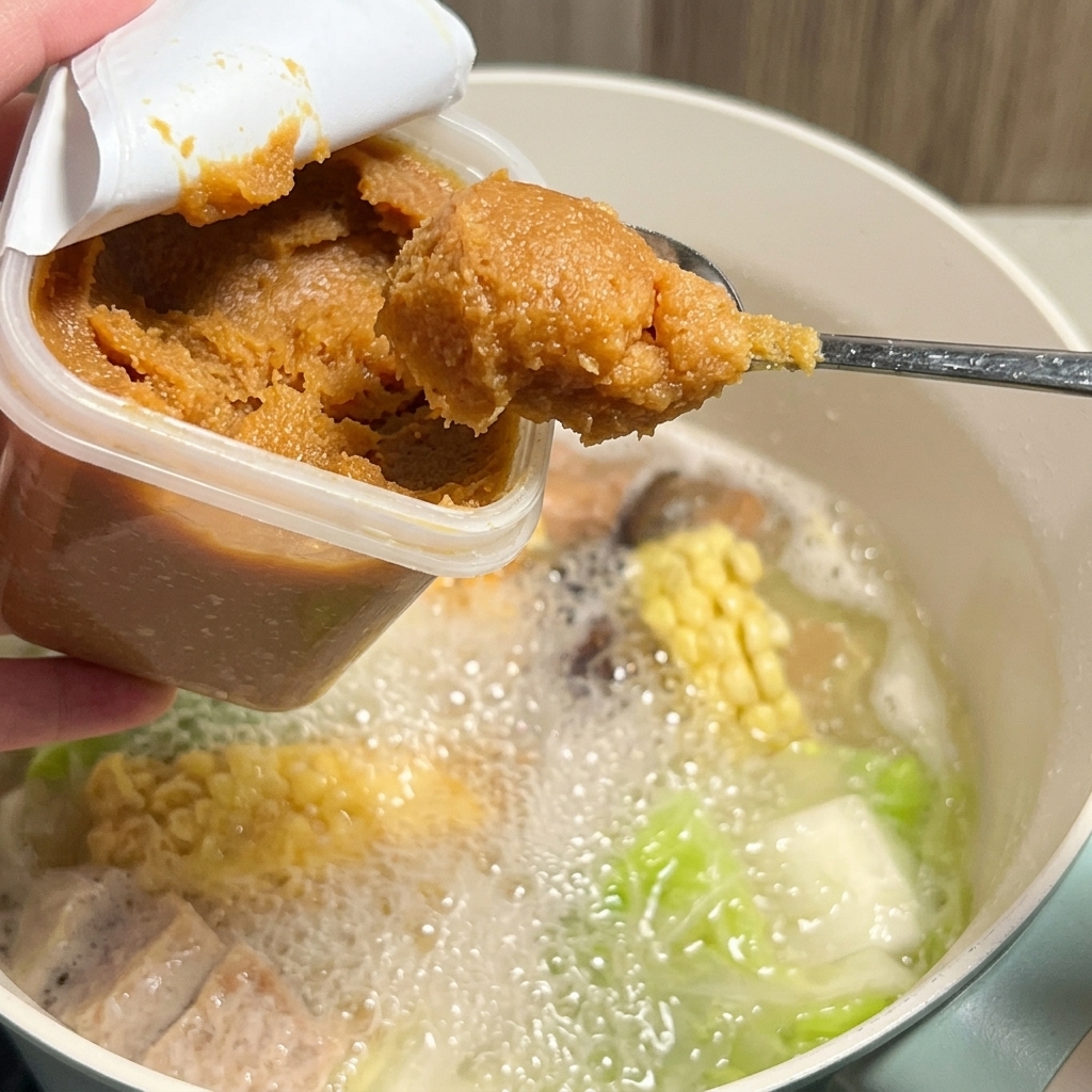 Miso-Paste wird durch ein Metallsieb in der kochenden Brühe aufgelöst.