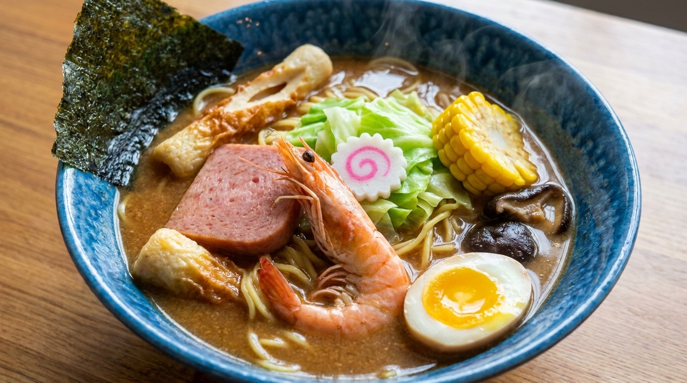 Klassische Miso-Ramen mit Garnelen und Frühstücksfleisch