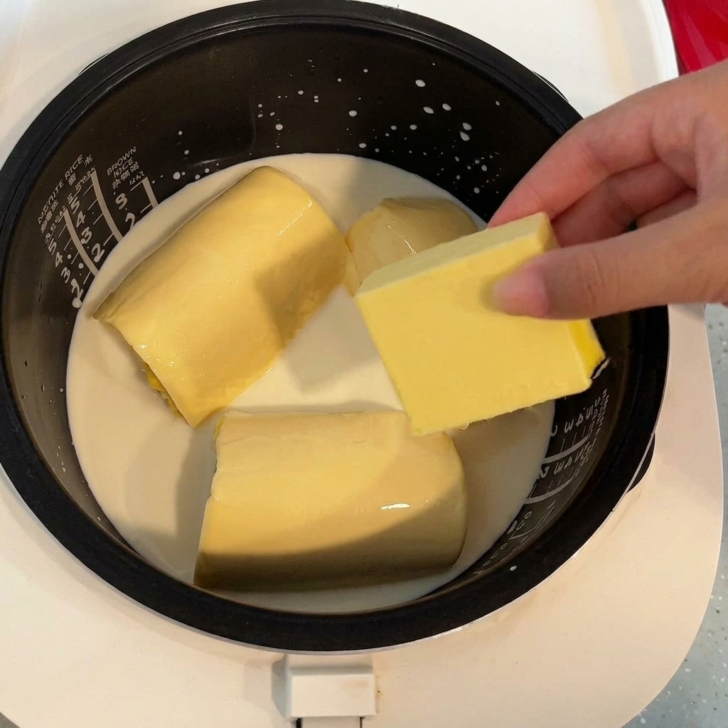 Ein quadratisches Stück gelbe Butter liegt auf der Mais-Milch-Mischung in einem Reiskocher.