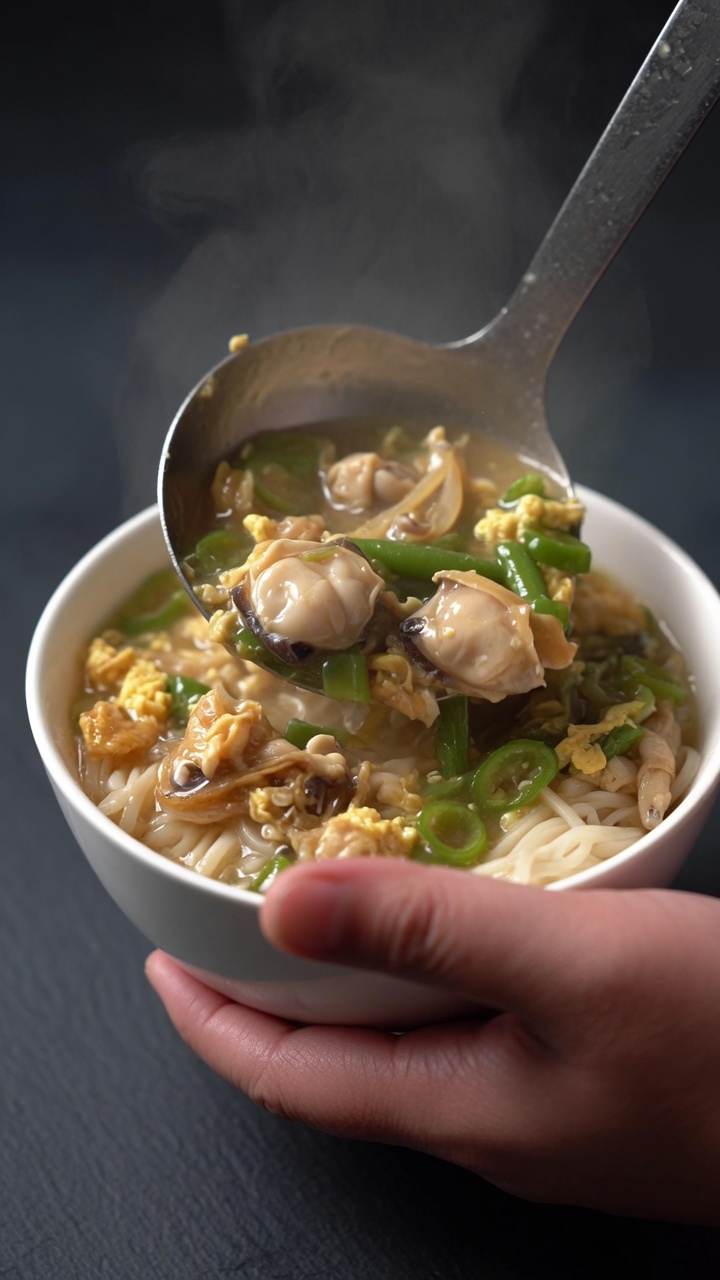 Eine wärmende Schale Muschelnudelsuppe mit frischem Muschelfleisch, Schlangenbohnen und sanft gestocktem Ei in einer herzhaften Brühe.