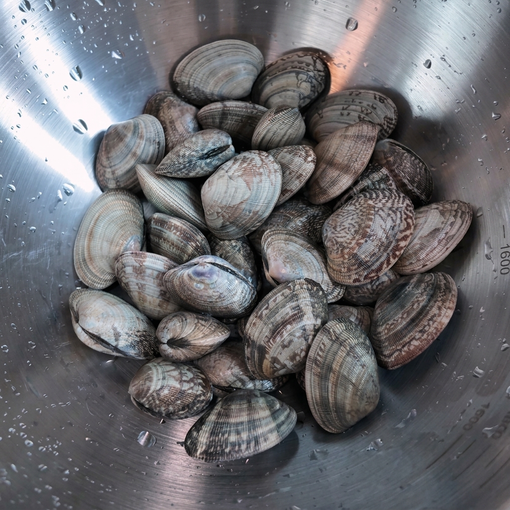 Eine Edelstahlschüssel gefüllt mit frischen Venusmuscheln und Wassertropfen.