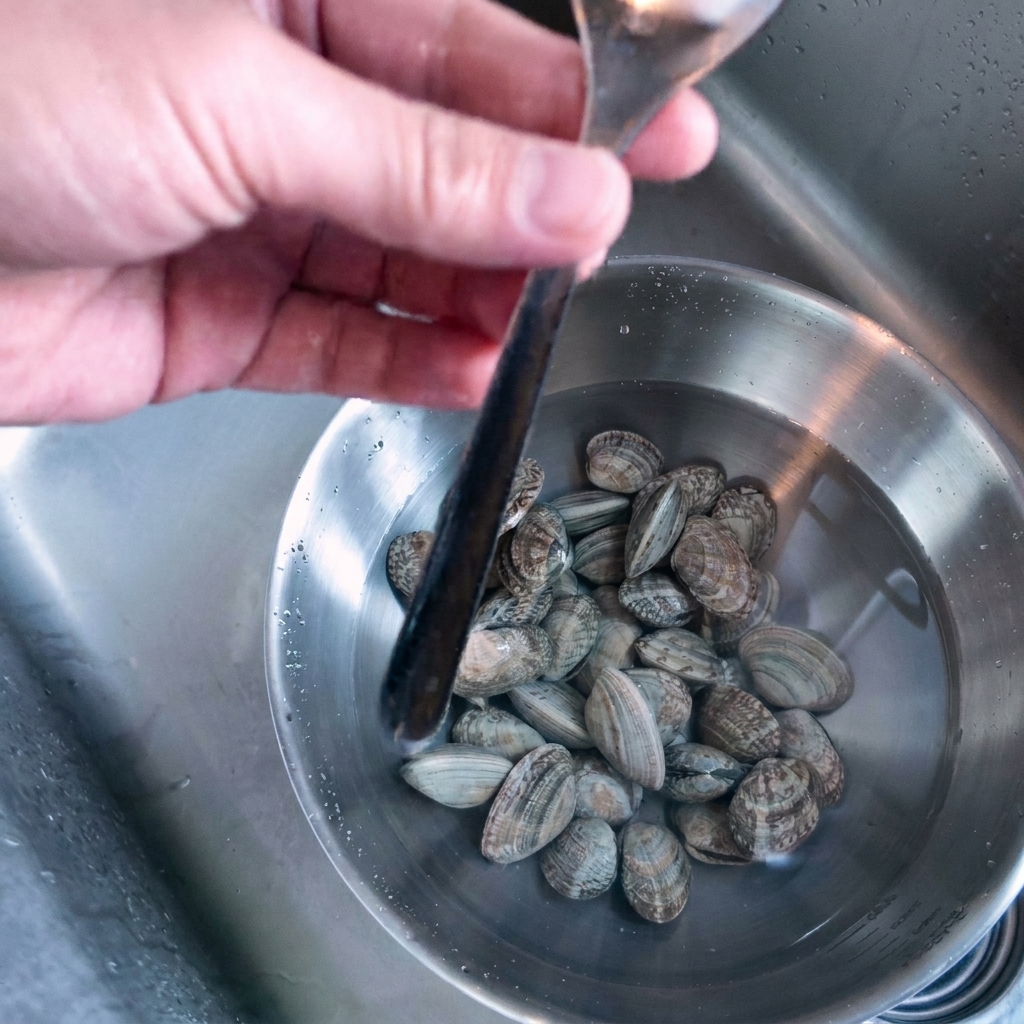 Eine Hand hält einen Metalllöffel über eine Schüssel mit einweichenden Muscheln.